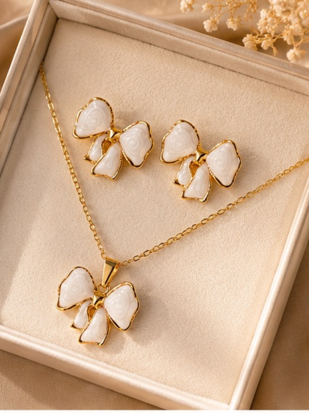 Elegant White Stone Petal Necklace and Earrings Set